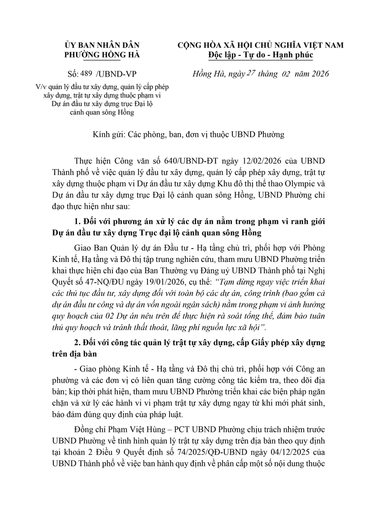PHƯỜNG HỒNG HÀ TĂNG CƯỜNG QUẢN LÝ ĐẦU TƯ XÂY DỰNG, TRẬT TỰ XÂY DỰNG THUỘC PHẠM VI DỰ ÁN TRỤC ĐẠI LỘ CẢNH QUAN SÔNG HỒNG- Ảnh 1.
