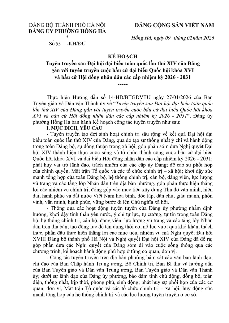 Đảng ủy phường Hồng Hà ban hành Kế hoạch tuyên truyền sau Đại hội XIV của Đảng gắn với tuyên truyền bầu cử đại biểu Quốc hội khóa XVI và HĐND các cấp nhiệm kỳ 2026 – 2031- Ảnh 1.