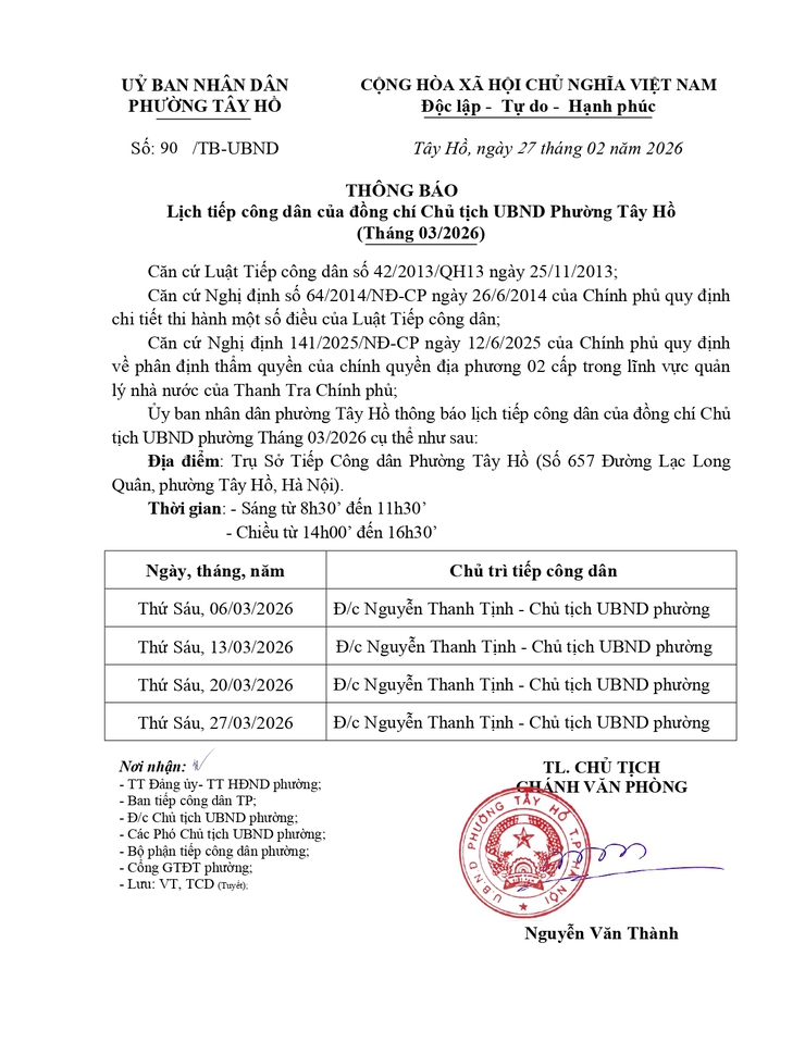 Thông báo lịch tiếp công dân tháng 3/2026- Ảnh 1.