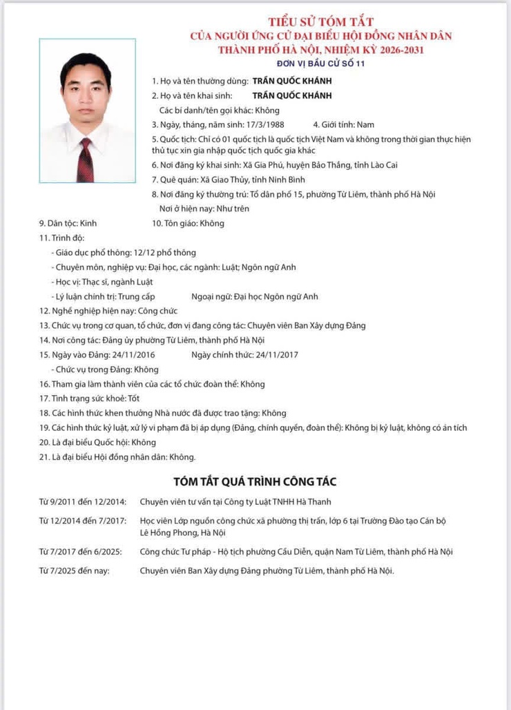 TIỂU SỬ TÓM TẮT
CỦA NGƯỜI ỨNG CỬ ĐẠI BIỂU HỘI ĐỒNG NHÂN DÂN THÀNH PHỐ HÀ NỘI NHIỆM KỲ 2026-2031
ĐƠN VỊ BẦU CỬ SỐ 11- Ảnh 7.
