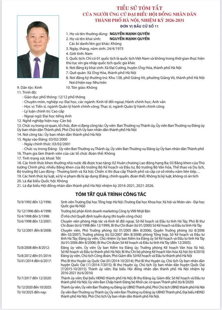 TIỂU SỬ TÓM TẮT
CỦA NGƯỜI ỨNG CỬ ĐẠI BIỂU HỘI ĐỒNG NHÂN DÂN THÀNH PHỐ HÀ NỘI NHIỆM KỲ 2026-2031
ĐƠN VỊ BẦU CỬ SỐ 11- Ảnh 8.