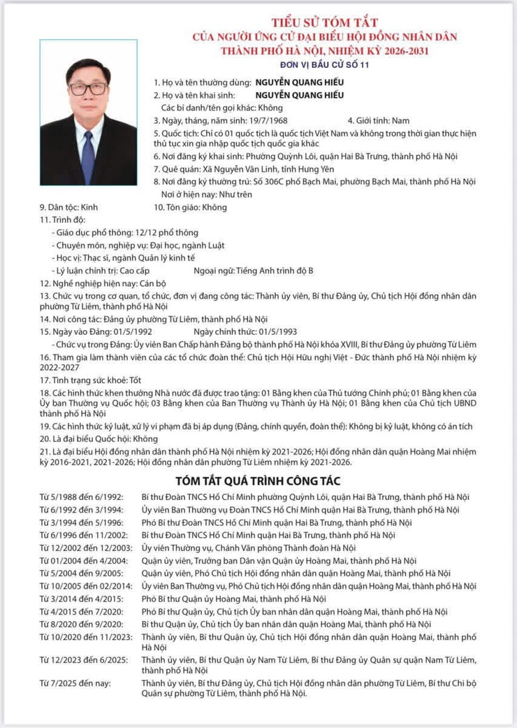 TIỂU SỬ TÓM TẮT
CỦA NGƯỜI ỨNG CỬ ĐẠI BIỂU HỘI ĐỒNG NHÂN DÂN THÀNH PHỐ HÀ NỘI NHIỆM KỲ 2026-2031
ĐƠN VỊ BẦU CỬ SỐ 11- Ảnh 5.