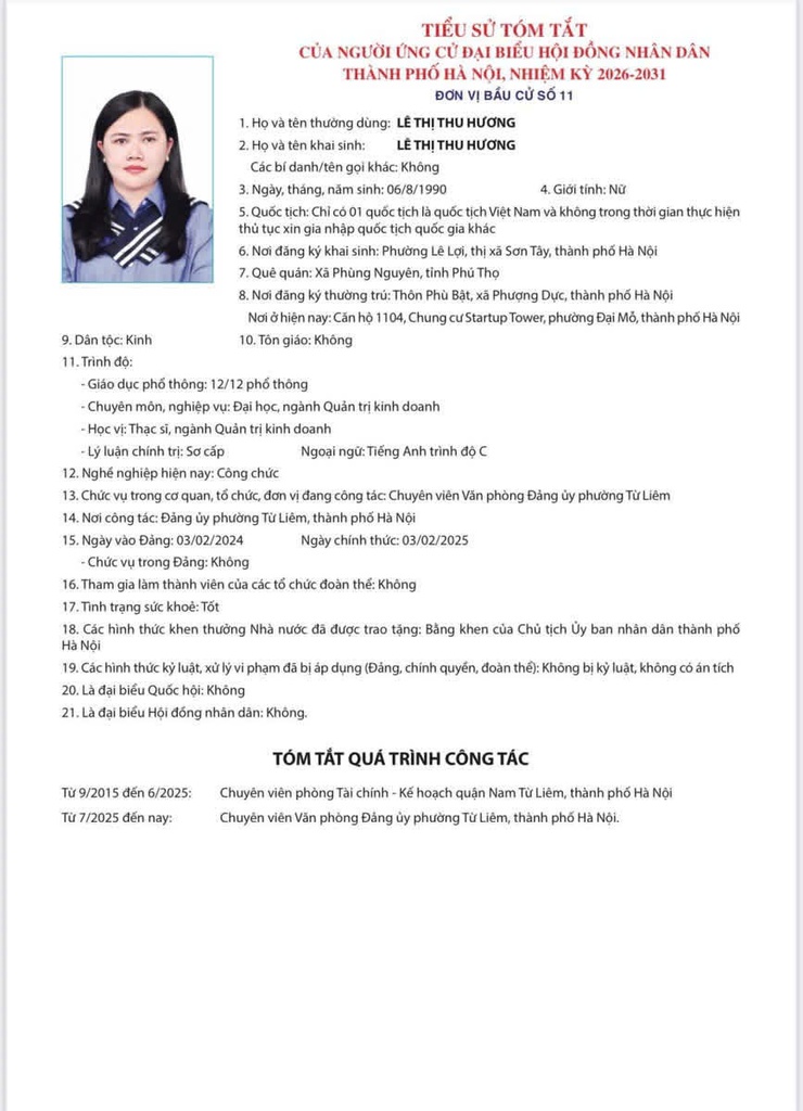 TIỂU SỬ TÓM TẮT
CỦA NGƯỜI ỨNG CỬ ĐẠI BIỂU HỘI ĐỒNG NHÂN DÂN THÀNH PHỐ HÀ NỘI NHIỆM KỲ 2026-2031
ĐƠN VỊ BẦU CỬ SỐ 11- Ảnh 6.