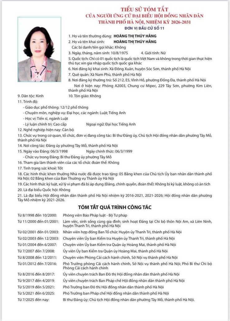 TIỂU SỬ TÓM TẮT
CỦA NGƯỜI ỨNG CỬ ĐẠI BIỂU HỘI ĐỒNG NHÂN DÂN THÀNH PHỐ HÀ NỘI NHIỆM KỲ 2026-2031
ĐƠN VỊ BẦU CỬ SỐ 11- Ảnh 4.