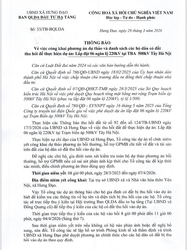 THÔNG BÁO
Về việc công khai phương án dự thảo và danh sách các hộ dân có đất thu hồi để thực hiện dự án: Lắp đặt 06 ngăn lộ 220kV tại TBA 500kV Tây Hà Nội.- Ảnh 1.