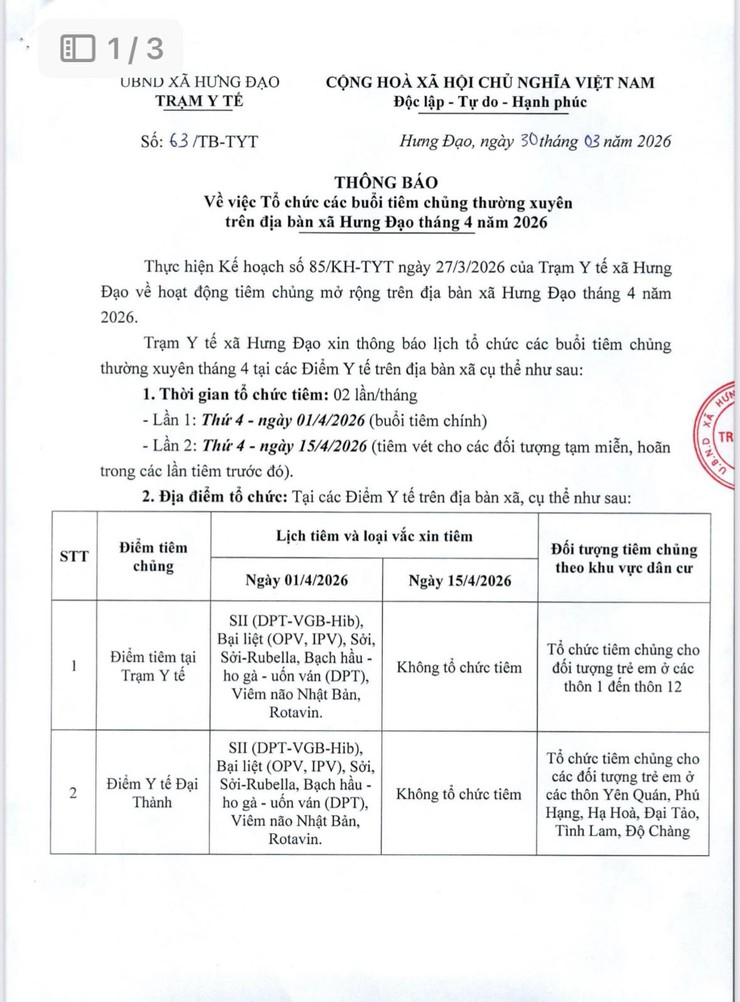 THÔNG BÁO
Về việc tổ chức các buổi tiêm chủng thường xuyên trên địa bàn xã Hưng Đạo tháng 4 năm 2026- Ảnh 1.