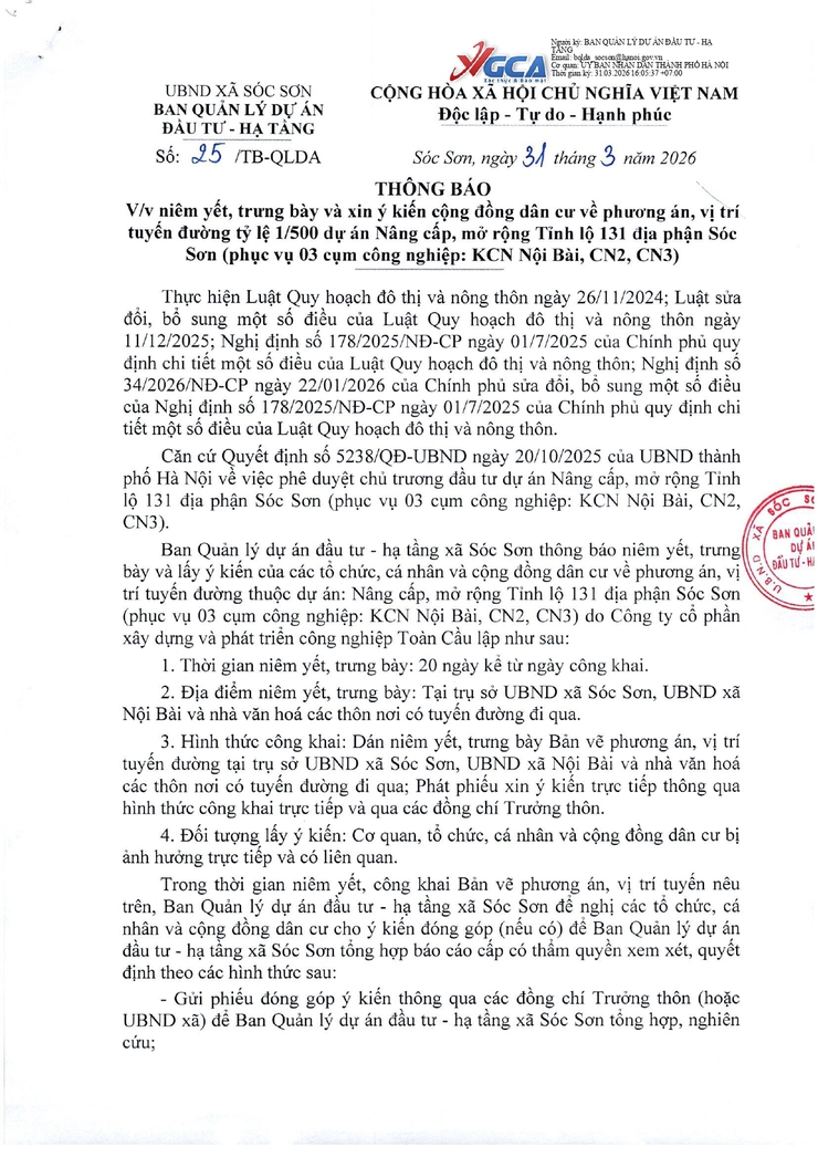 Niêm yết, trưng bày và xin ý kiến cộng đồng dân cư về phương án, vị trí tuyến đường tỷ lệ 1/500 dự án Nâng cấp, mở rộng Tỉnh lộ 131 địa phận xã Sóc Sơn (phục vụ cụm công nghiệp: KCN Nội Bài, CN2, CN3).- Ảnh 1.