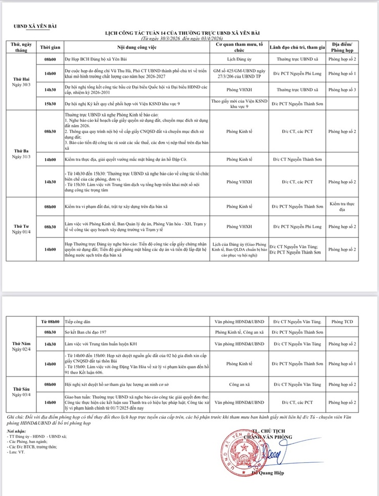 LỊCH CÔNG TÁC TUẦN CỦA THƯỜNG TRỰC UBND XÃ YÊN BÀI- Ảnh 1.