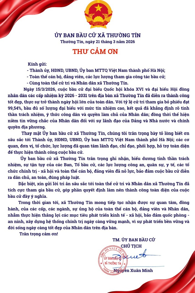 Thư cảm ơn của Ủy ban bầu cử xã Thường Tín- Ảnh 1.