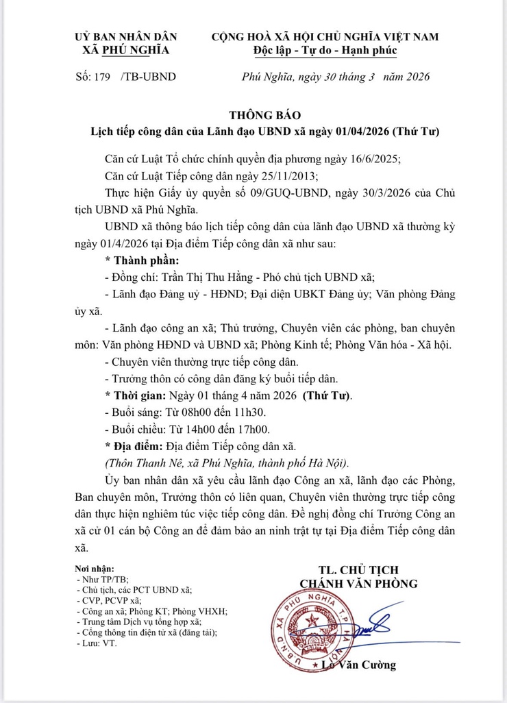 Thông báo lịch tiếp công dân của Lãnh đạo UBND xã ngày 01/04/2026 (Thứ Tư)- Ảnh 1.