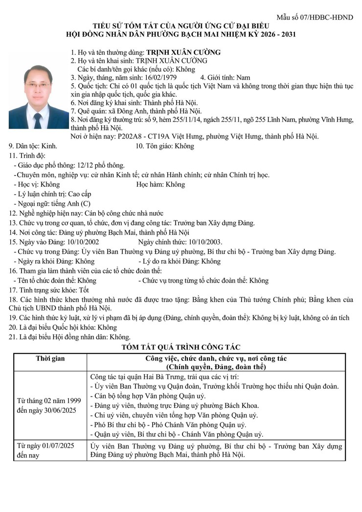 TIỂU SỬ TÓM TẮT CÁC ỨNG CỬ VIÊN ĐẠI BIỂU HỘI ĐỒNG NHÂN DÂN PHƯỜNG BẠCH MAI NHIỆM KỲ 2026 – 2031 ĐƠN VỊ BẦU CỬ SỐ 06- Ảnh 3.