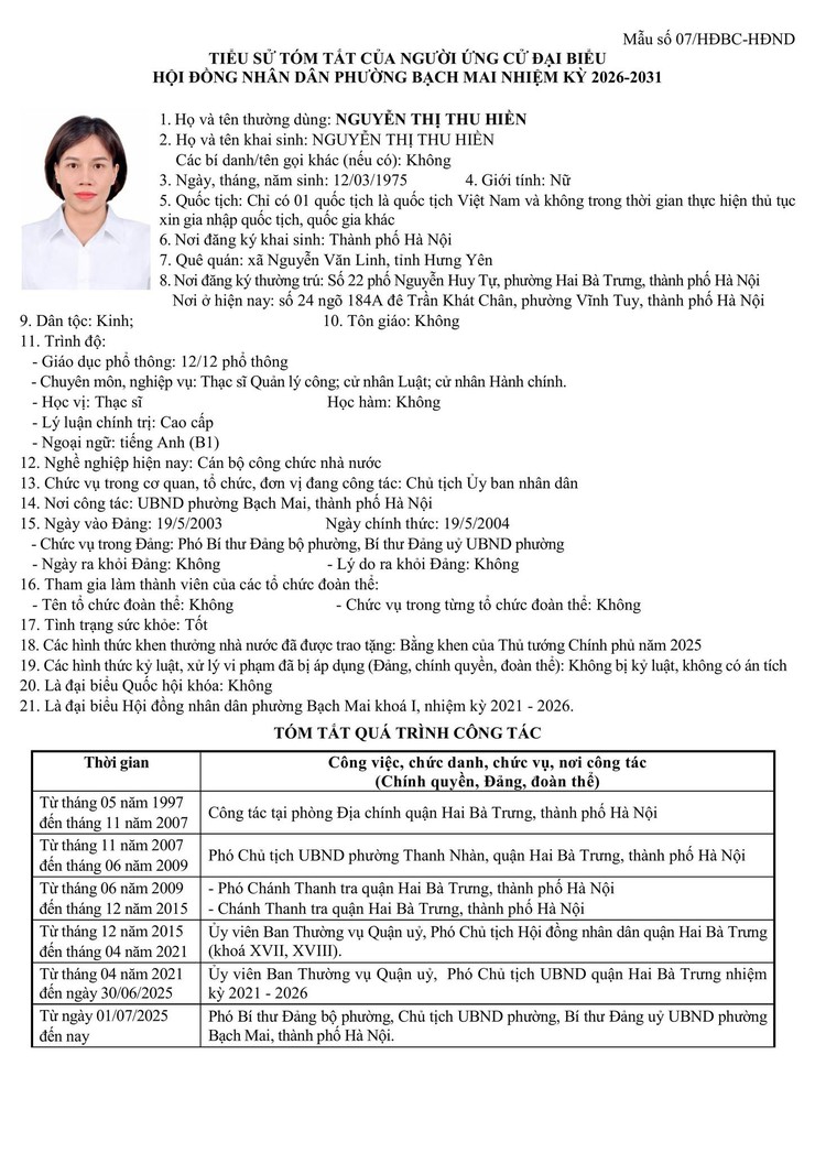 TÓM TẮT TIỂU SỬ CÁC ỨNG CỬ VIÊN ĐẠI BIỂU HỘI ĐỒNG NHÂN DÂN PHƯỜNG BẠCH MAI NHIỆM KỲ 2026 – 2031 ĐƠN VỊ BẦU CỬ SỐ 05- Ảnh 4.