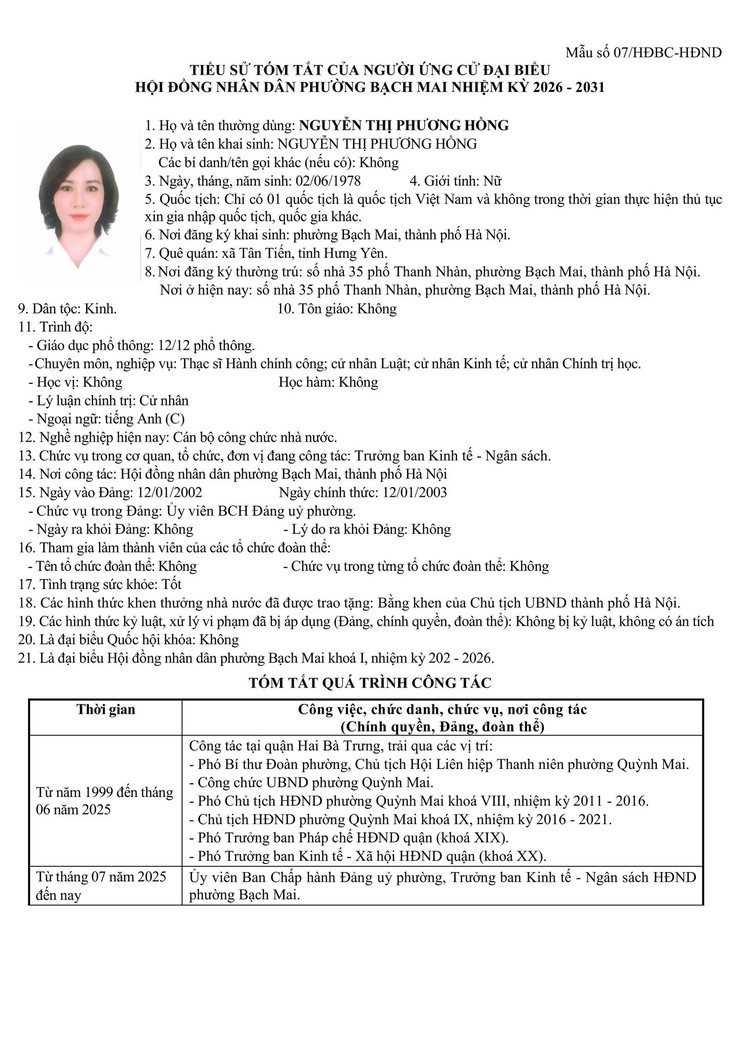 TIỂU SỬ TÓM TẮT CÁC ỨNG CỬ VIÊN ĐẠI BIỂU HỘI ĐỒNG NHÂN DÂN PHƯỜNG BẠCH MAI NHIỆM KỲ 2026 – 2031 ĐƠN VỊ BẦU CỬ SỐ 06- Ảnh 5.