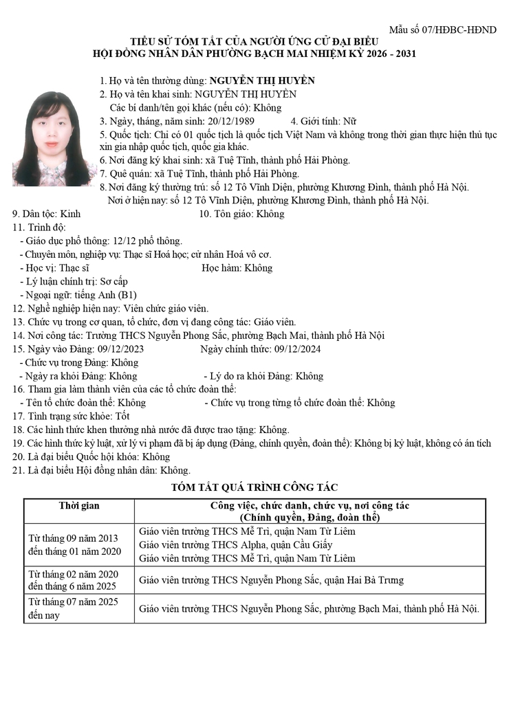 TÓM TẮT TIỂU SỬ CÁC ỨNG CỬ VIÊN ĐẠI BIỂU HỘI ĐỒNG NHÂN DÂN PHƯỜNG BẠCH MAI NHIỆM KỲ 2026 – 2031 ĐƠN VỊ BẦU CỬ SỐ 05- Ảnh 6.