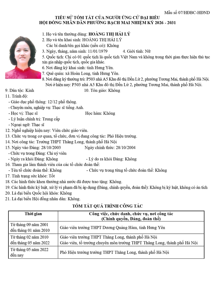 TIỂU SỬ TÓM TẮT CÁC ỨNG CỬ VIÊN ĐẠI BIỂU HỘI ĐỒNG NHÂN DÂN PHƯỜNG BẠCH MAI NHIỆM KỲ 2026 – 2031 ĐƠN VỊ BẦU CỬ SỐ 06- Ảnh 8.