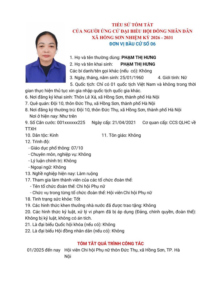 Danh sách 45 ông, bà tham gia ứng cử đại biểu HĐND xã Hồng Sơn khóa XXI, nhiệm kỳ 2026-2031 tại 06 đơn vị bầu cử xã Hồng Sơn.- Ảnh 51.
