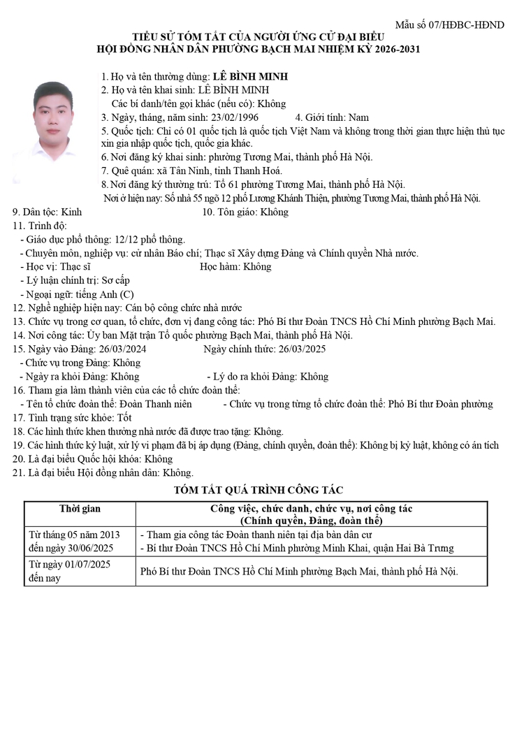 TIỂU SỬ TÓM TẮT CÁC ỨNG CỬ VIÊN ĐẠI BIỂU HỘI ĐỒNG NHÂN DÂN PHƯỜNG BẠCH MAI NHIỆM KỲ 2026 – 2031 ĐƠN VỊ BẦU CỬ SỐ 06- Ảnh 9.