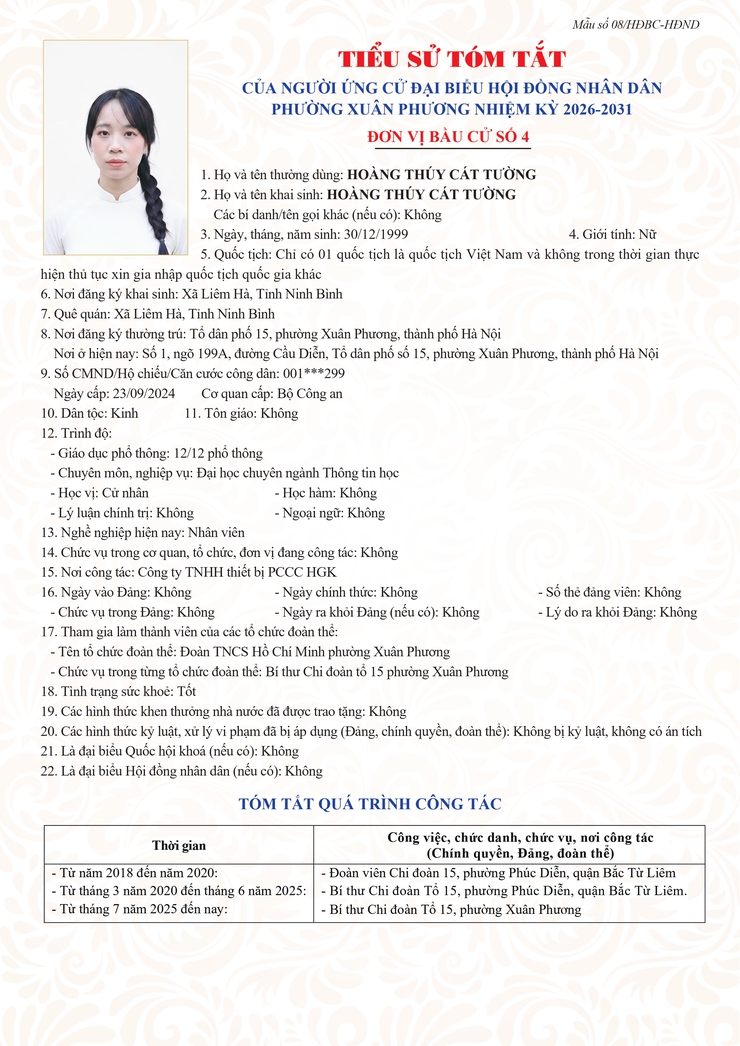 Đơn vị bầu cử số 4: Tiểu sử tóm tắt những người ứng cử HĐND phường Xuân Phương, nhiệm kỳ 2026-2031- Ảnh 7.