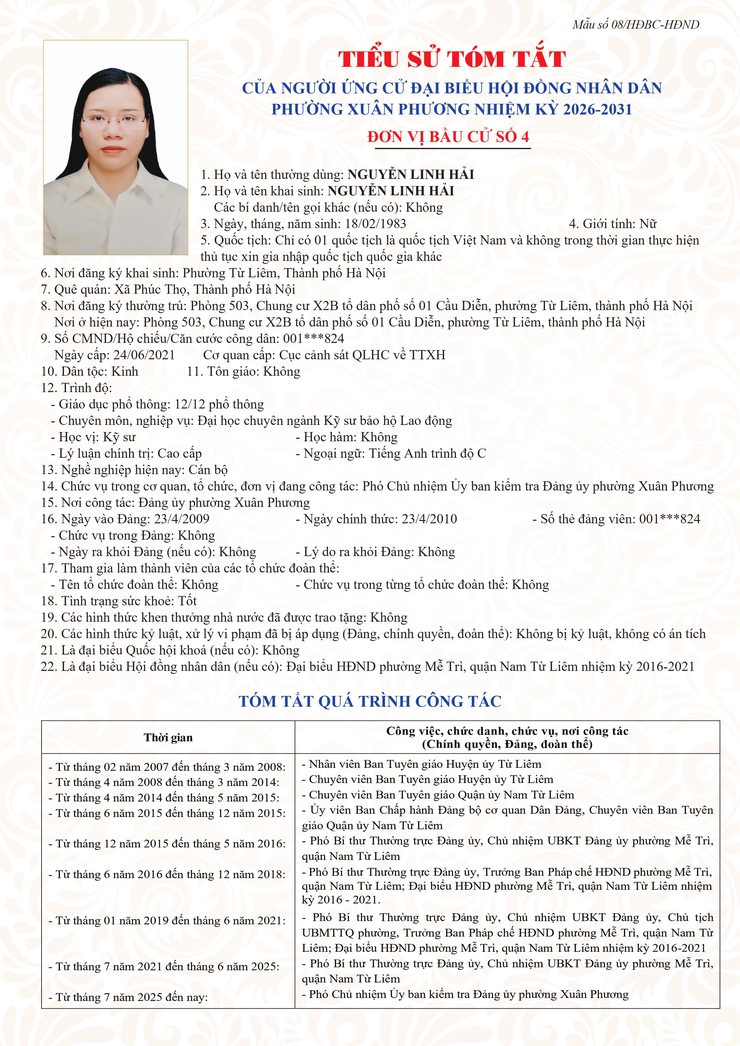 Đơn vị bầu cử số 4: Tiểu sử tóm tắt những người ứng cử HĐND phường Xuân Phương, nhiệm kỳ 2026-2031- Ảnh 4.