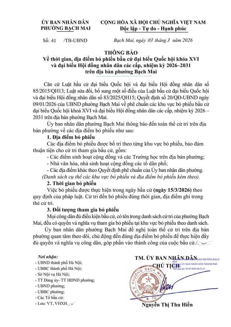 Thông báo về thời gian, địa điểm bỏ phiếu bầu cử đại biểu Quốc hội khóa XVI và đại biểu Hội đồng nhân dân các cấp, nhiệm kỳ 2026-2031 trên địa bàn phường Bạch Mai- Ảnh 1.