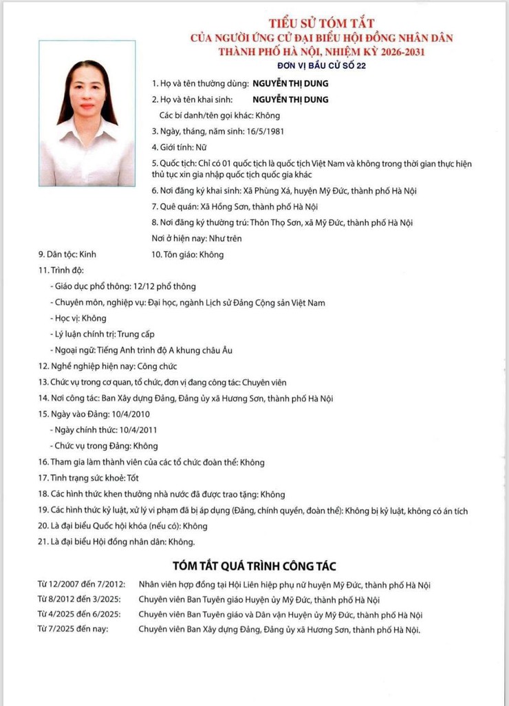 TRÂN TRỌNG GIỚI THIỆU DANH SÁCH VÀ TIỂU SỬ TÓM TẮT NHỮNG ỨNG CỬ VIÊN ĐẠI BIỂU HĐND TP HÀ NỘI KHÓA XVII, NHIỆM KỲ 2026 - 2031, ĐƠN VỊ BẦU CỬ SỐ 22 GỒM CÁC XÃ: PHÚC SƠN, HỒNG SƠN, MỸ ĐỨC, HƯƠNG SƠN  - Ảnh 1.
