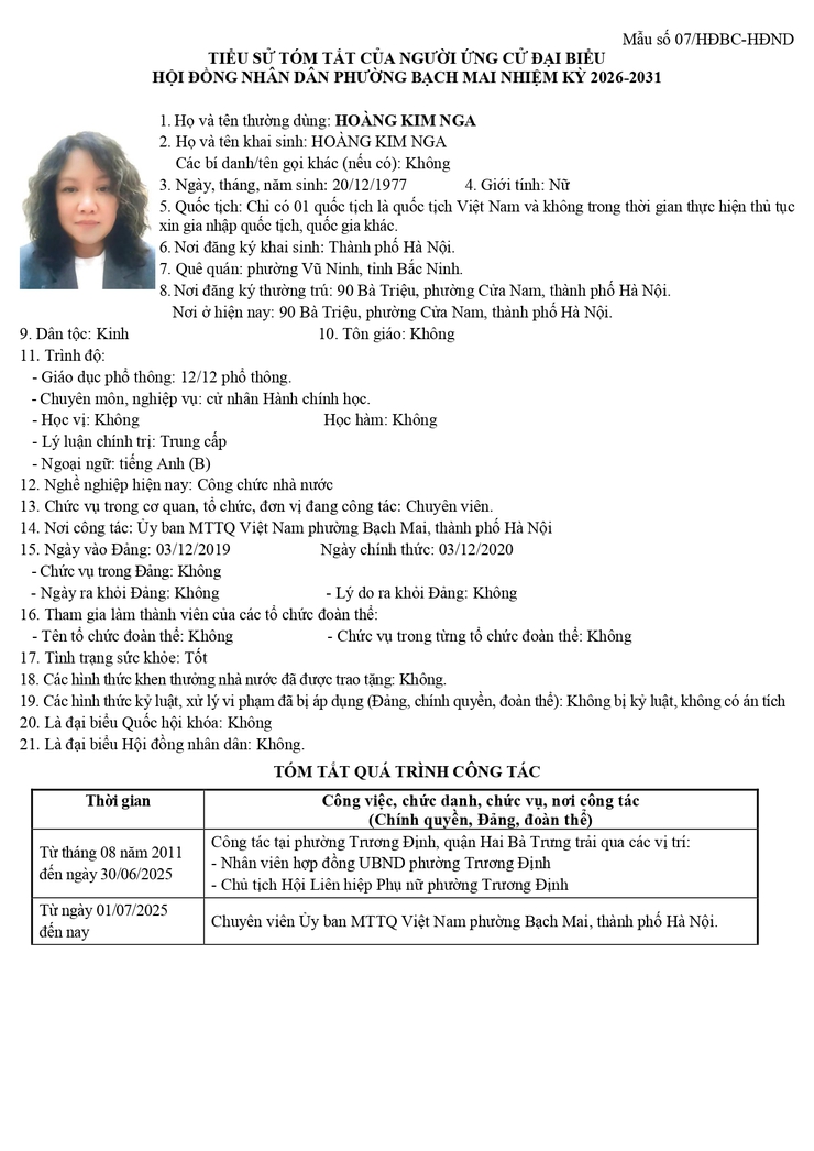 TÓM TẮT TIỂU SỬ CÁC ỨNG CỬ VIÊN ĐẠI BIỂU HỘI ĐỒNG NHÂN DÂN PHƯỜNG BẠCH MAI NHIỆM KỲ 2026 – 2031 ĐƠN VỊ BẦU CỬ SỐ 04- Ảnh 5.