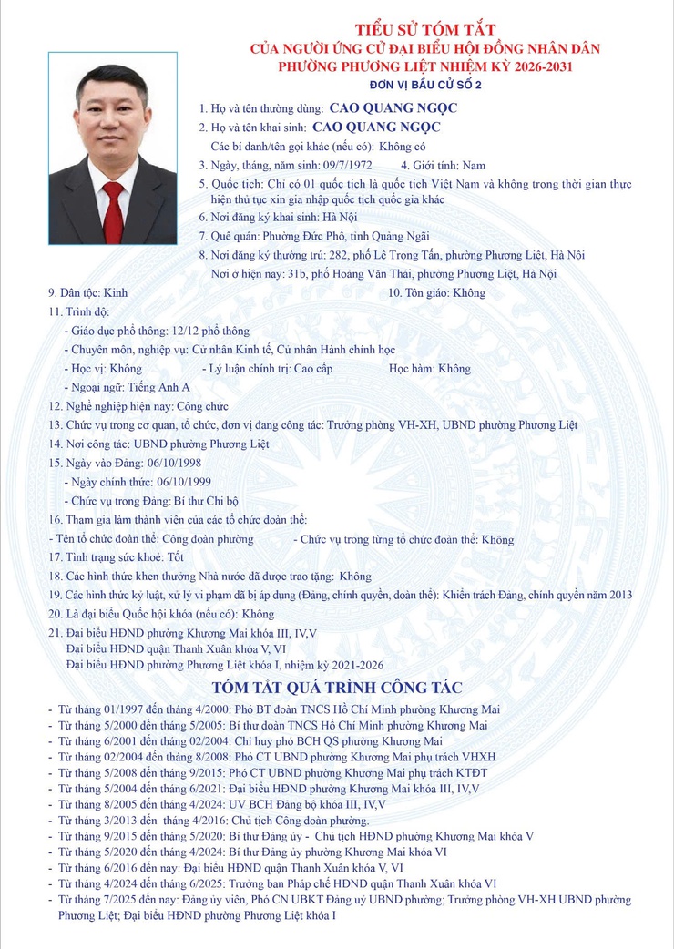 Tiểu sử tóm tắt đồng chí Cao Quang Ngọc, ứng cử đại biểu HĐND phường Phương Liệt khóa II, nhiệm kỳ 2026-2031- Ảnh 1.