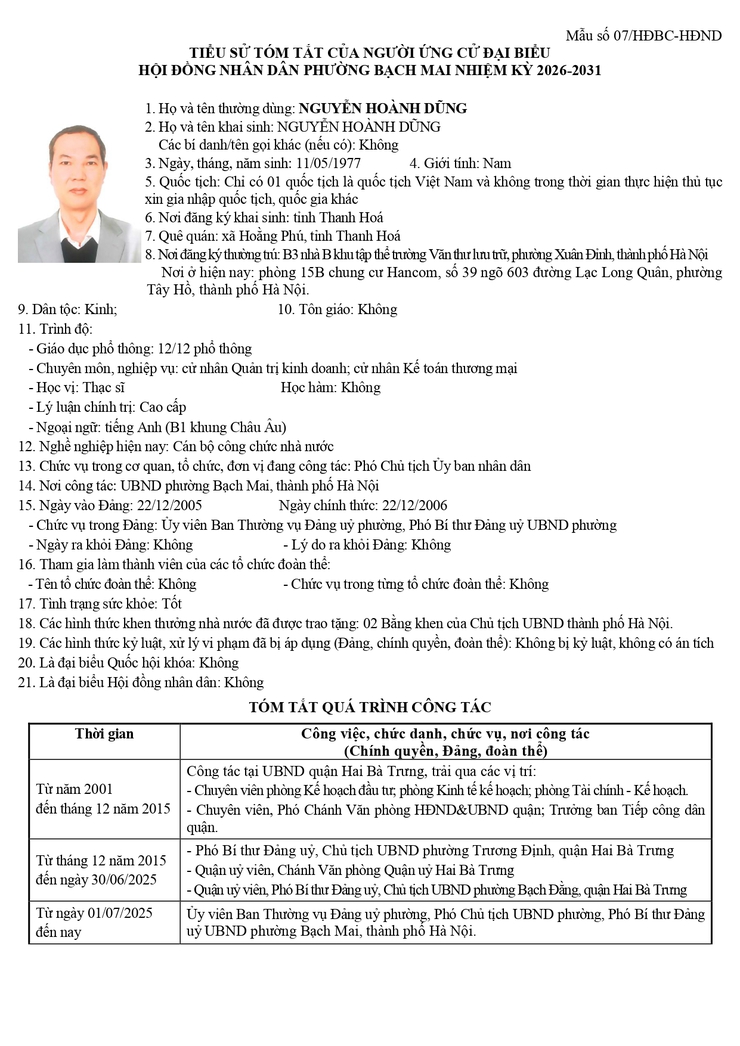 Niêm yết công khai danh sách chính thức và tiểu sử tóm tắt những người ứng cử Đại biểu HĐND phường Bạch Mai khóa II, Nhiệm kỳ 2026 - 2031, đơn vị bầu cử số 1- Ảnh 2.