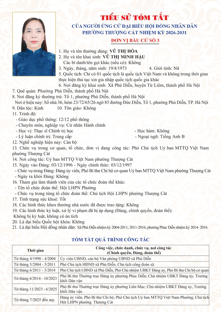 Danh sách trích ngang và tiểu sử tóm tắt các đại biểu ứng cử đại biểu HĐND phường Thượng Cát nhiệm kỳ 2026-2031 tại đơn vị bầu cử số 03- Ảnh 3.
