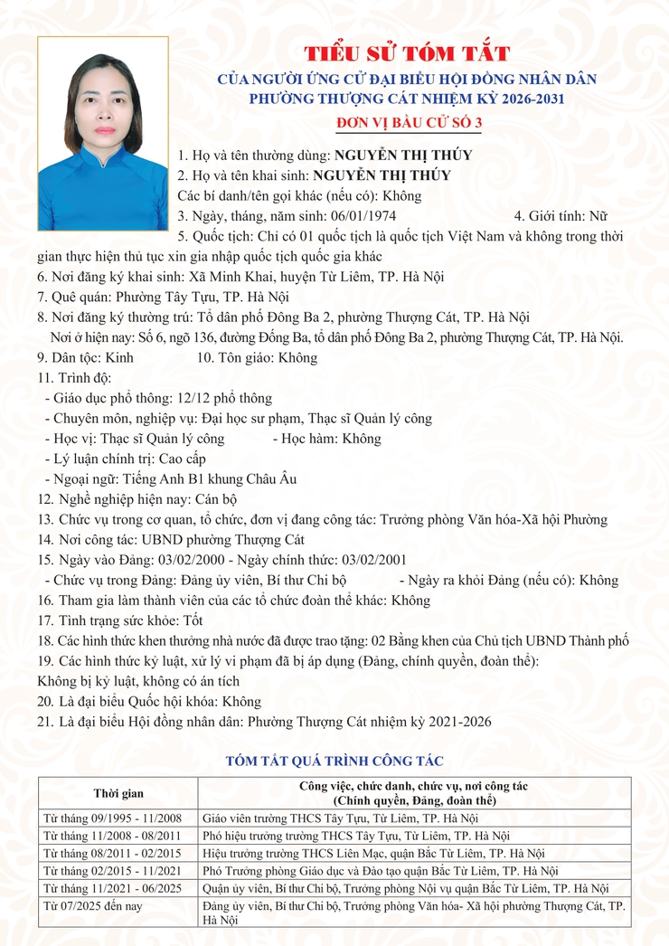 Danh sách trích ngang và tiểu sử tóm tắt các đại biểu ứng cử đại biểu HĐND phường Thượng Cát nhiệm kỳ 2026-2031 tại đơn vị bầu cử số 03- Ảnh 8.