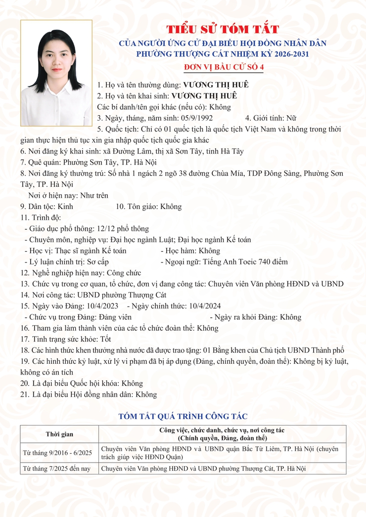 Danh sách trích ngang và tiểu sử tóm tắt các đại biểu ứng cử đại biểu HĐND phường Thượng Cát nhiệm kỳ 2026-2031 tại đơn vị bầu cử số 04- Ảnh 3.