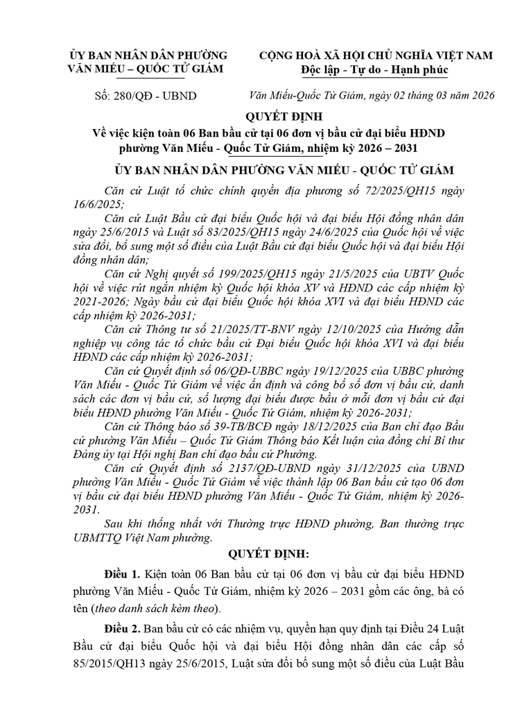 Phường Văn Miếu - Quốc Tử Giám Kiện Toàn 06 Ban Bầu Cử Đại Biểu HĐND Phường Nhiệm Kỳ 2026 - 2031- Ảnh 1.
