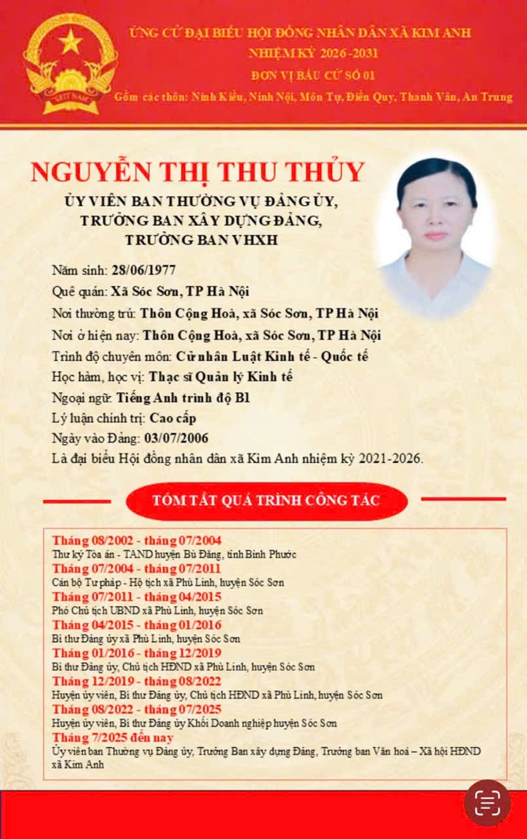 GIỚI THIỆU TIỂU SỬ TÓM TẮT NGƯỜI ỨNG CỬ ĐẠI BIỂU HĐND XÃ KIM ANH NHIỆM KỲ 2026 - 2031: BÀ NGUYỄN THỊ THU THỦY- Ảnh 1.