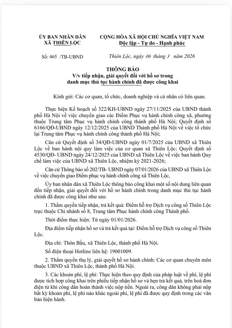 THÔNG BÁO số 465 /TB-UBND ngày 06 tháng 3 năm 2026 của UBND xã Thiên Lộc V/v tiếp nhận, giải quyết đối với hồ sơ trong danh mục thủ tục hành chính đã được công khai- Ảnh 1.