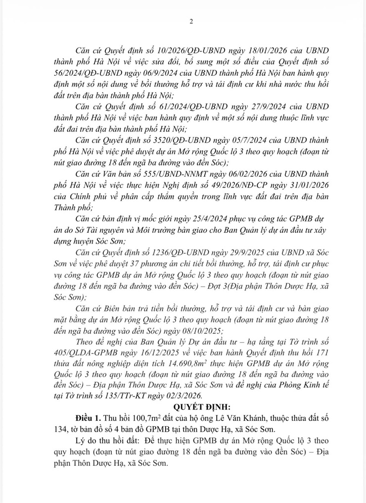 QUYẾT ĐỊNH Về việc thu hồi 100,7m2 đất của hộ ông Lê Văn Khánh để thực hiện Dự án Mở rộng Quốc lộ 3 theo quy hoạch (đoạn từ nút giao đường 18 đến ngã ba đường vào đền Sóc).
- Ảnh 2.