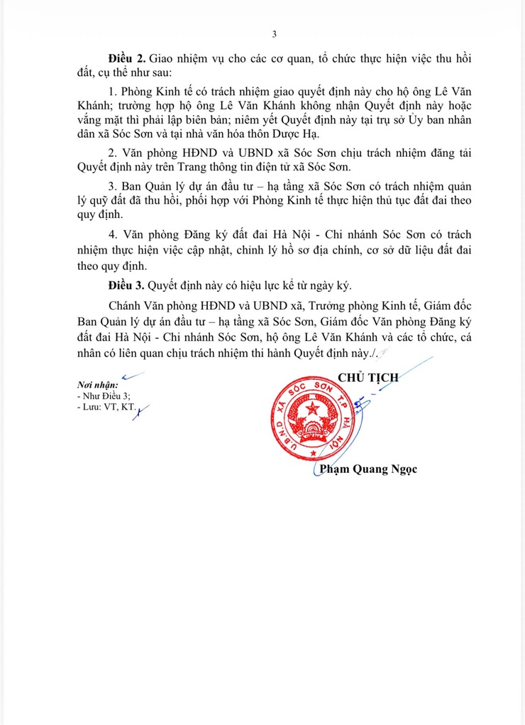 QUYẾT ĐỊNH Về việc thu hồi 100,7m2 đất của hộ ông Lê Văn Khánh để thực hiện Dự án Mở rộng Quốc lộ 3 theo quy hoạch (đoạn từ nút giao đường 18 đến ngã ba đường vào đền Sóc).
- Ảnh 3.