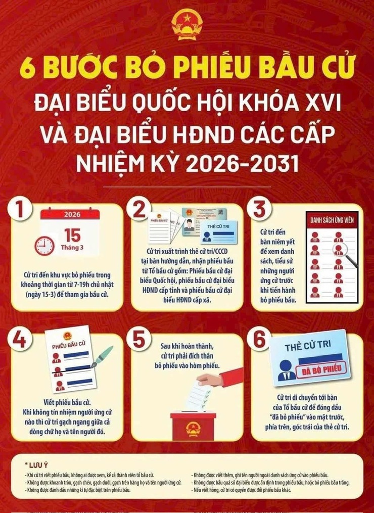 6 bước bỏ phiếu bầu cử đại biểu Quốc hội khóa XVI và đại biểu HĐND các cấp nhiệm kỳ 2026-2031 
- Ảnh 1.