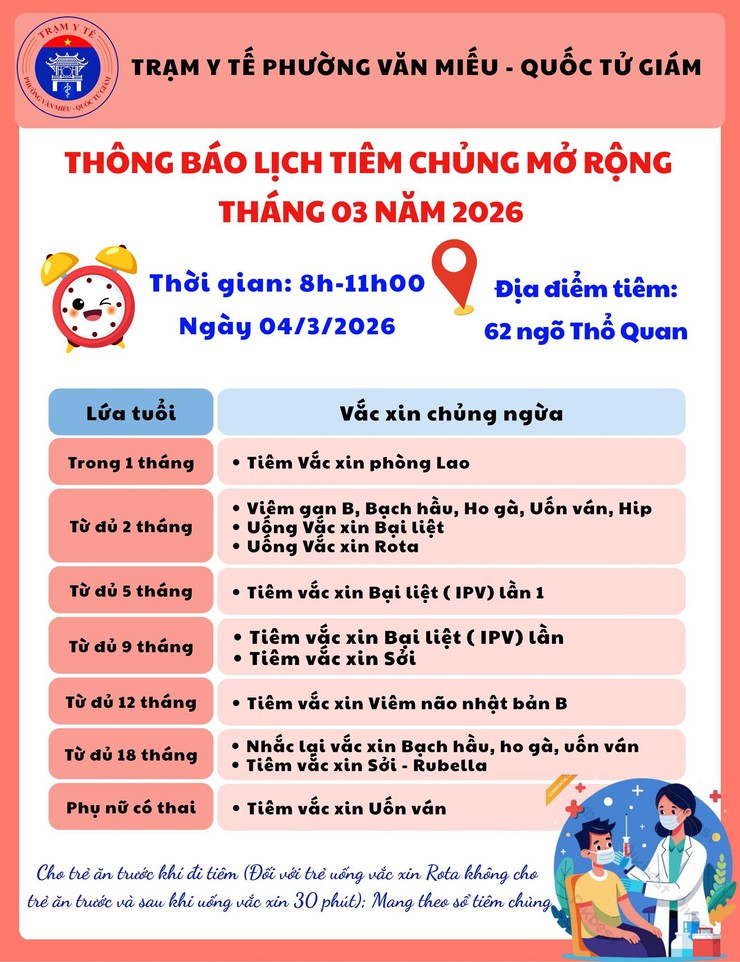 PHƯỜNG VĂN MIẾU - QUỐC TỬ GIÁM THÔNG BÁO LỊCH TIÊM CHỦNG MỞ RỘNG THÁNG 3/2026- Ảnh 1.
