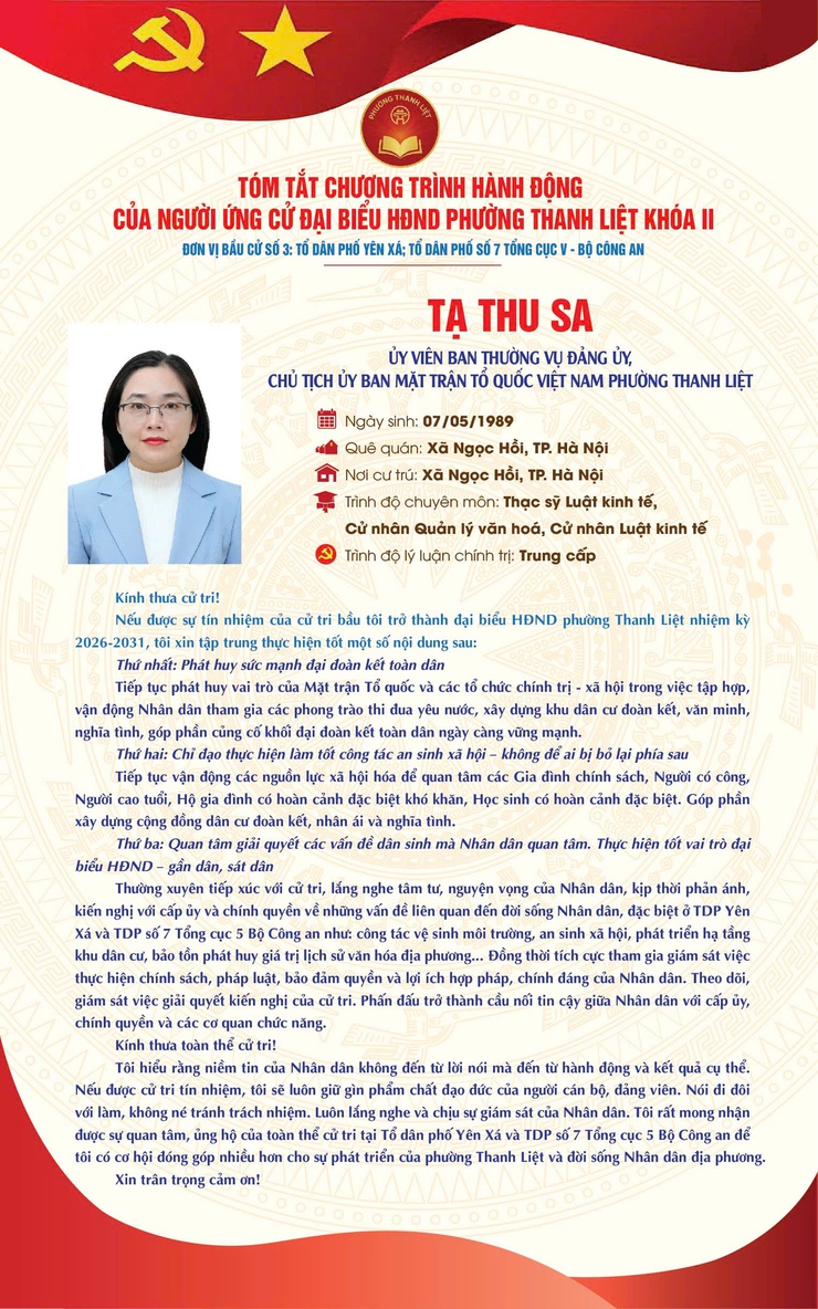 TÓM TẮT CHƯƠNG TRÌNH HÀNH ĐỘNG CỦA NGƯỜI THAM GIA ỨNG CỬ ĐẠI BIỂU HĐND PHƯỜNG THANH LIỆT KHÓA II NHIỆM KỲ 2026 - 2031- Ảnh 6.