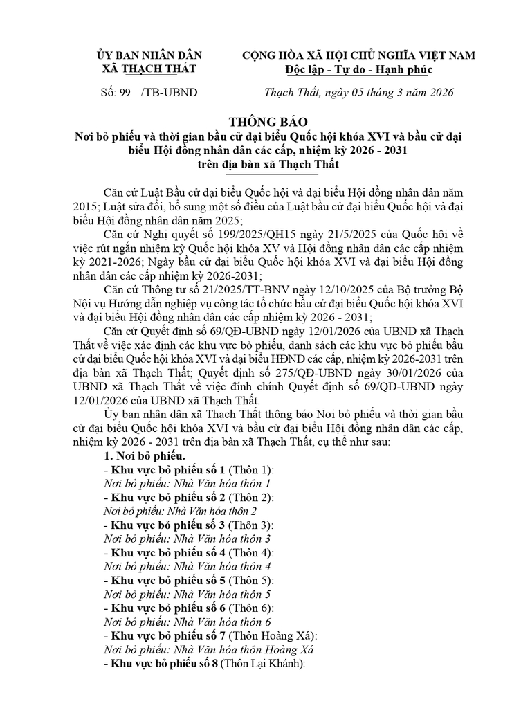 Thạch Thất: Thông báo địa điểm bỏ phiếu, ngày bầu cử đại biểu Quốc hội khóa XVI và bầu cử đại biểu HĐND các cấp, nhiệm kỳ 2026 - 2031 trên địa bàn xã- Ảnh 1.
