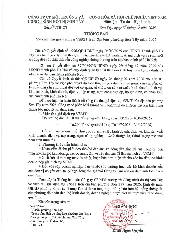Thông báo về việc thu giá dịch vụ VSMT trên địa bàn phường Sơn Tây năm 2026- Ảnh 1.