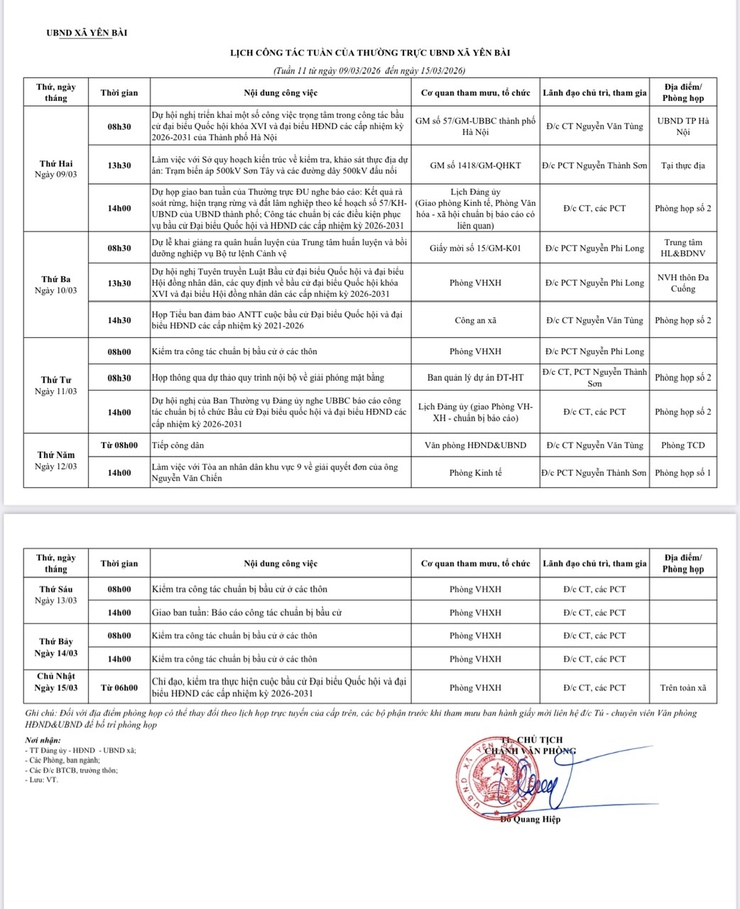 LỊCH CÔNG TÁC TUẦN CỦA THƯỜNG TRỰC UBND XÃ YÊN BÀI- Ảnh 1.