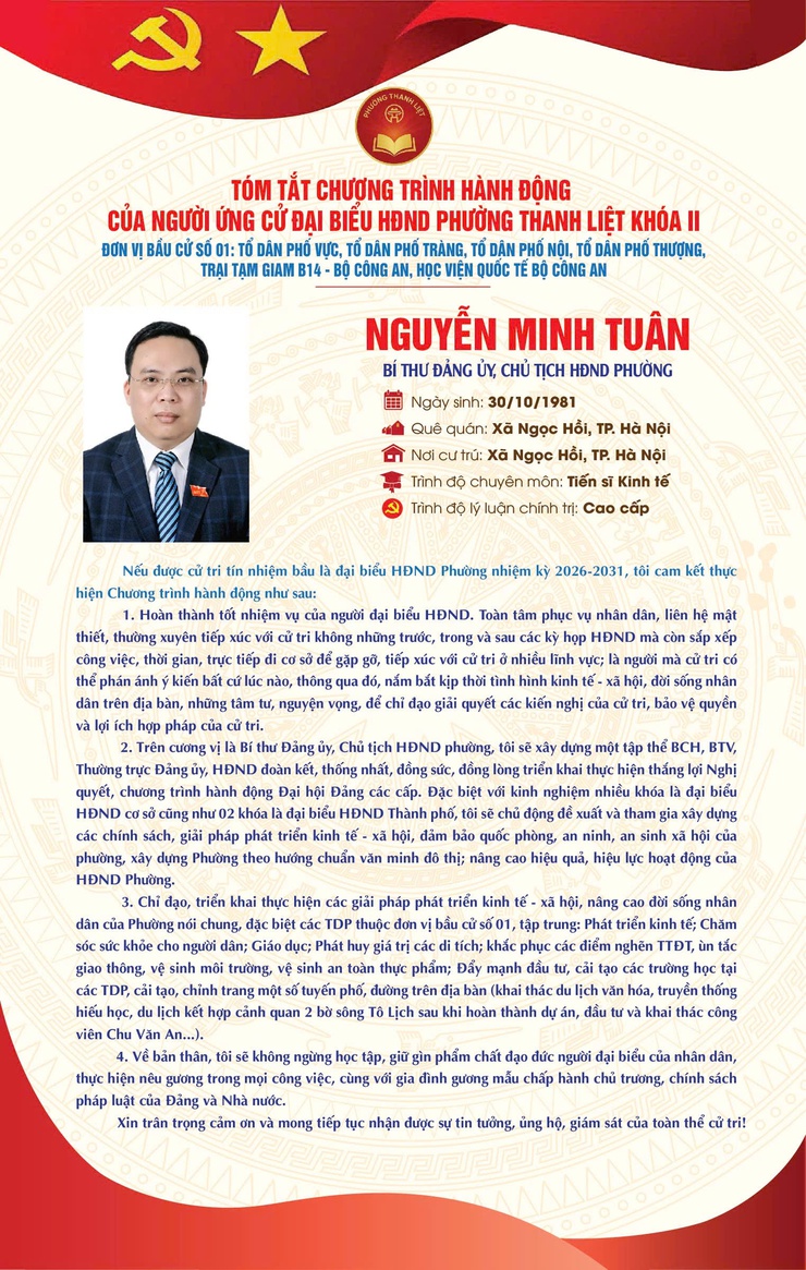 TÓM TẮT CHƯƠNG TRÌNH HÀNH ĐỘNG CỦA NGƯỜI THAM GIA ỨNG CỬ ĐẠI BIỂU HĐND PHƯỜNG THANH LIỆT KHÓA II NHIỆM KỲ 2026 - 2031- Ảnh 7.