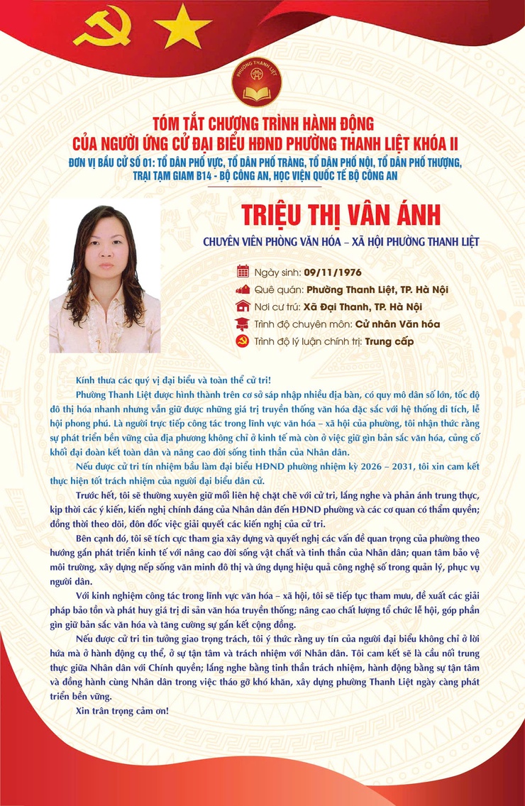 TÓM TẮT CHƯƠNG TRÌNH HÀNH ĐỘNG CỦA NGƯỜI THAM GIA ỨNG CỬ ĐẠI BIỂU HĐND PHƯỜNG THANH LIỆT KHÓA II NHIỆM KỲ 2026 - 2031- Ảnh 3.