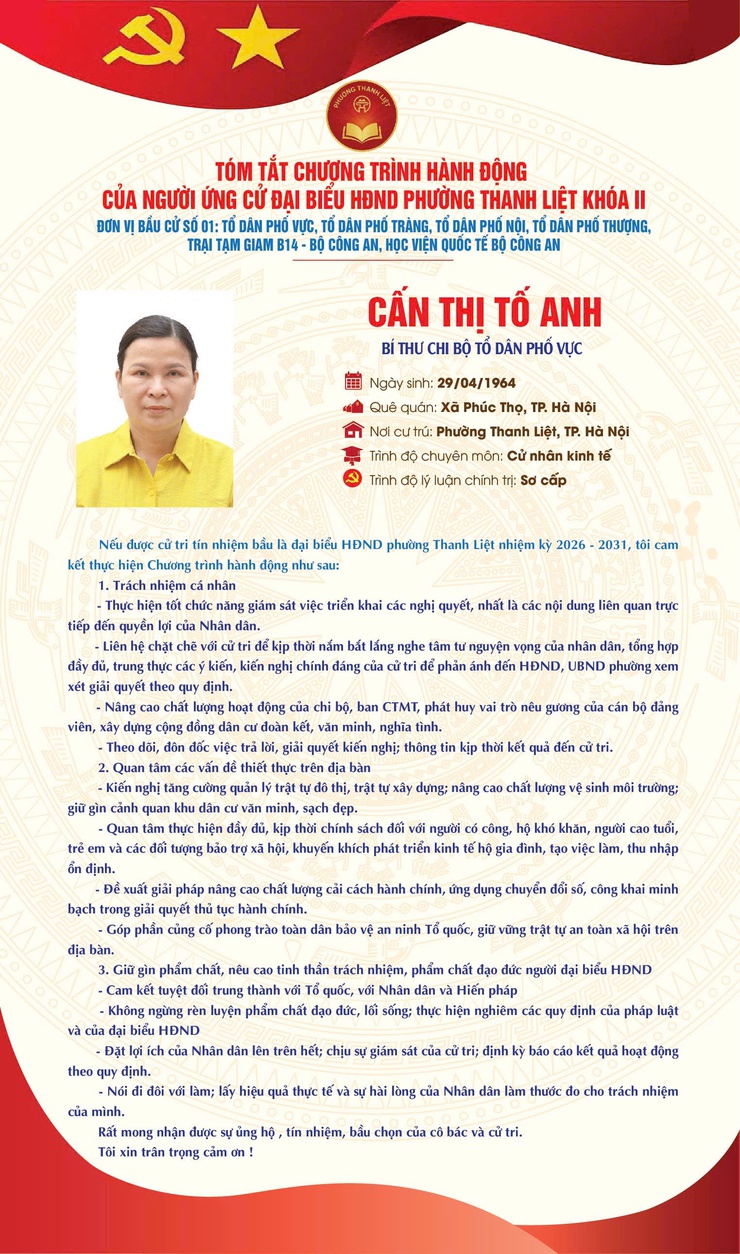 TÓM TẮT CHƯƠNG TRÌNH HÀNH ĐỘNG CỦA NGƯỜI THAM GIA ỨNG CỬ ĐẠI BIỂU HĐND PHƯỜNG THANH LIỆT KHÓA II NHIỆM KỲ 2026 - 2031- Ảnh 2.
