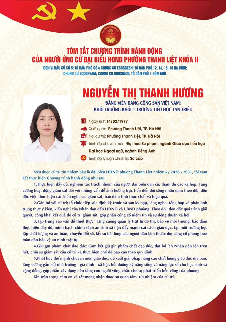 TÓM TẮT CHƯƠNG TRÌNH HÀNH ĐỘNG CỦA NGƯỜI THAM GIA ỨNG CỬ ĐẠI BIỂU HĐND PHƯỜNG THANH LIỆT KHÓA II NHIỆM KỲ 2026 - 2031- Ảnh 5.