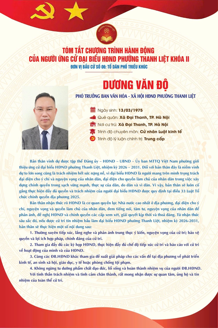 TÓM TẮT CHƯƠNG TRÌNH HÀNH ĐỘNG CỦA NGƯỜI THAM GIA ỨNG CỬ ĐẠI BIỂU HĐND PHƯỜNG THANH LIỆT KHÓA II NHIỆM KỲ 2026 - 2031, ĐƠN VỊ BẦU CỬ SỐ 06 - TỔ DÂN PHỐ TRIỀU KHÚC- Ảnh 4.