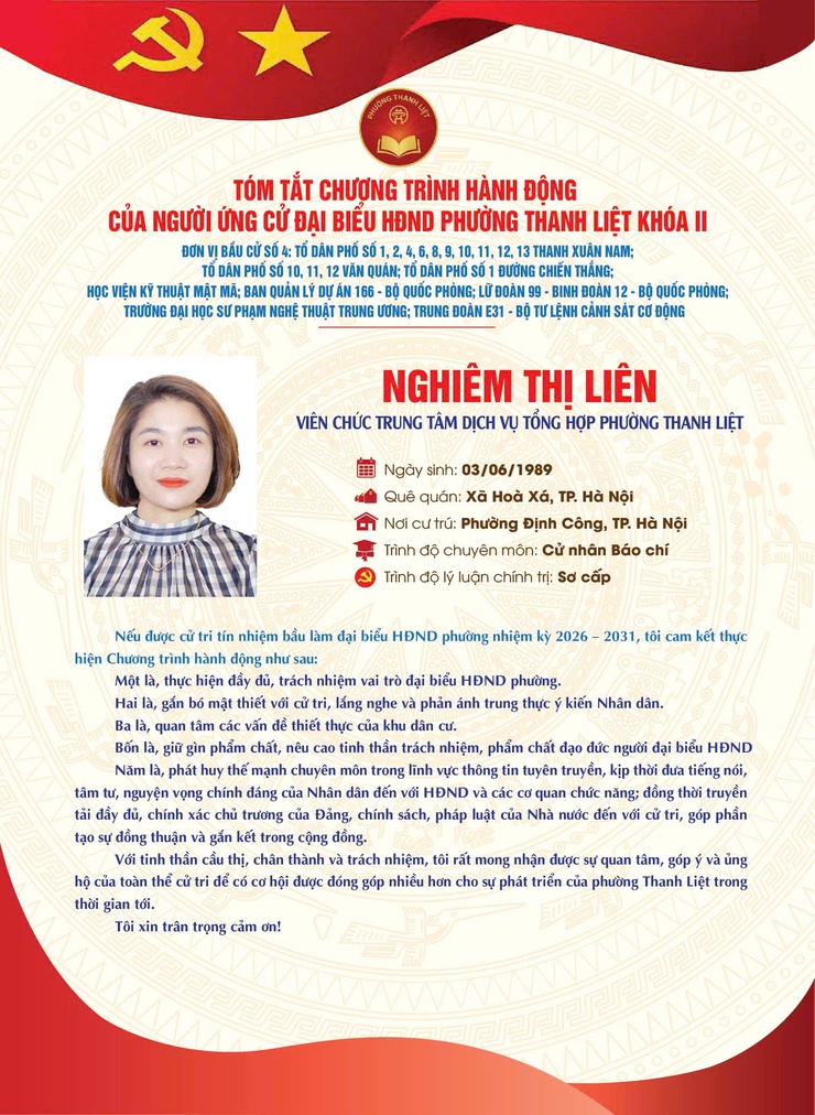 TÓM TẮT CHƯƠNG TRÌNH HÀNH ĐỘNG CỦA NGƯỜI THAM GIA ỨNG CỬ ĐẠI BIỂU HĐND PHƯỜNG THANH LIỆT KHÓA II NHIỆM KỲ 2026 - 2031- Ảnh 4.