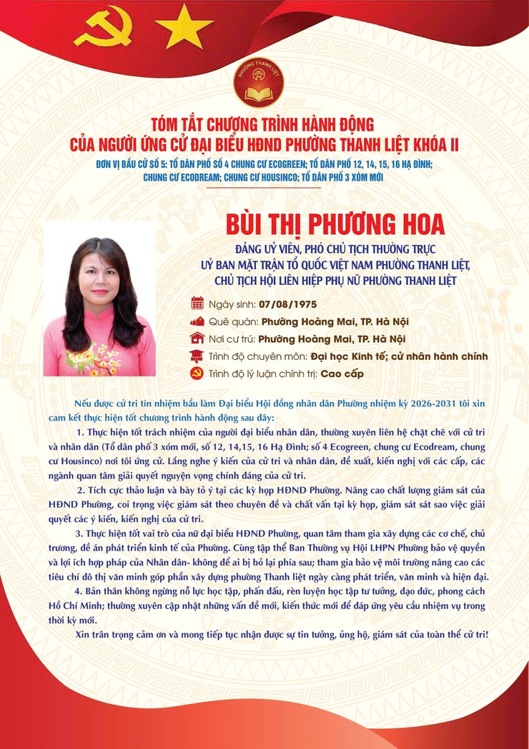 TÓM TẮT CHƯƠNG TRÌNH HÀNH ĐỘNG CỦA NGƯỜI THAM GIA ỨNG CỬ ĐẠI BIỂU HĐND PHƯỜNG THANH LIỆT KHÓA II NHIỆM KỲ 2026 - 2031- Ảnh 4.
