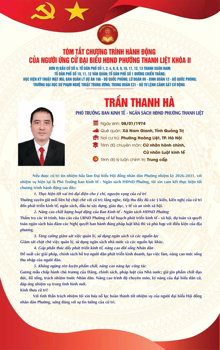 TÓM TẮT CHƯƠNG TRÌNH HÀNH ĐỘNG CỦA NGƯỜI THAM GIA ỨNG CỬ ĐẠI BIỂU HĐND PHƯỜNG THANH LIỆT KHÓA II NHIỆM KỲ 2026 - 2031- Ảnh 2.